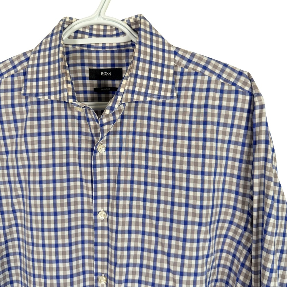 BOSS Hugo Boss Button Down Mens L 16.5 32/33 Blue Grey Gingham Sharp Fit Shirt